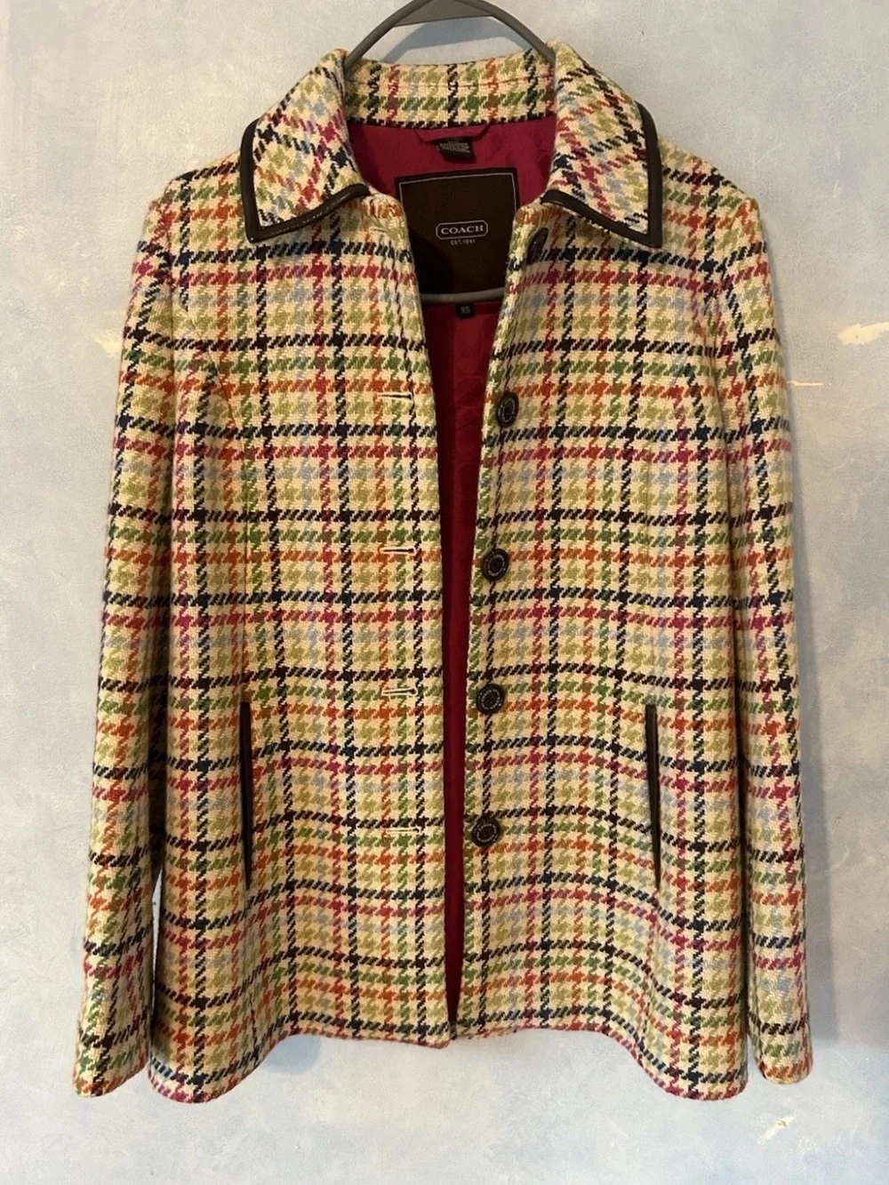 Coach Tattersall Hampton Tweed Plaid Rainbow Houndstooth Wool Pea Coat Jacket XS
